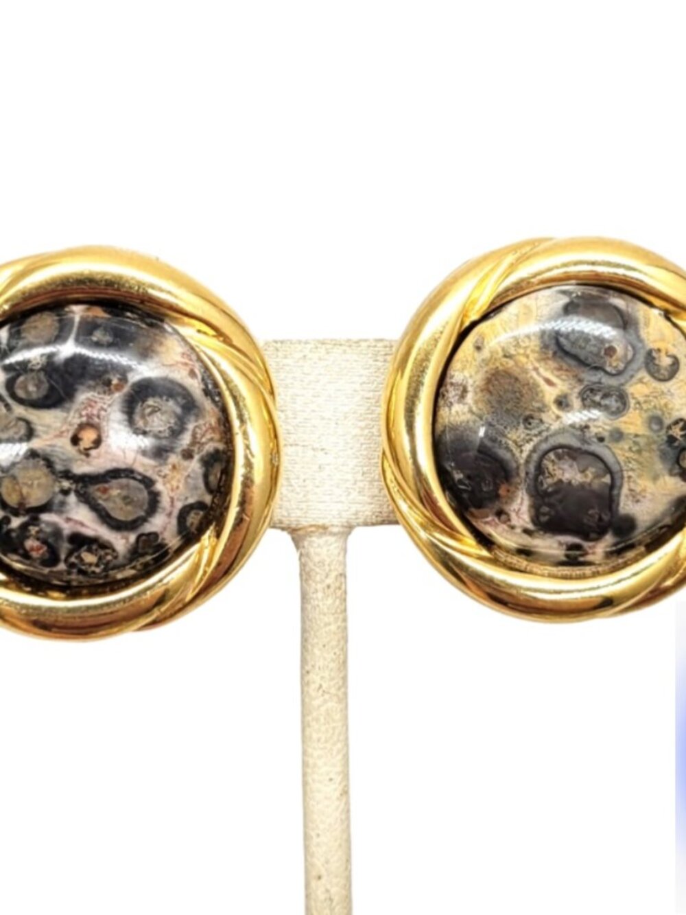 Vintage 1980s Signed Ciner Round Goldtone Faux-Agate Clip Earrings
